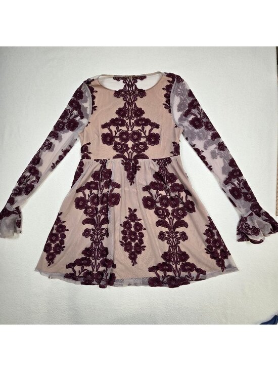 For Love & Lemons Dresses & Skirts - For Love & Lemons Large Mini Dress Long Sleeve Sheer Floral Embroidered Burgundy